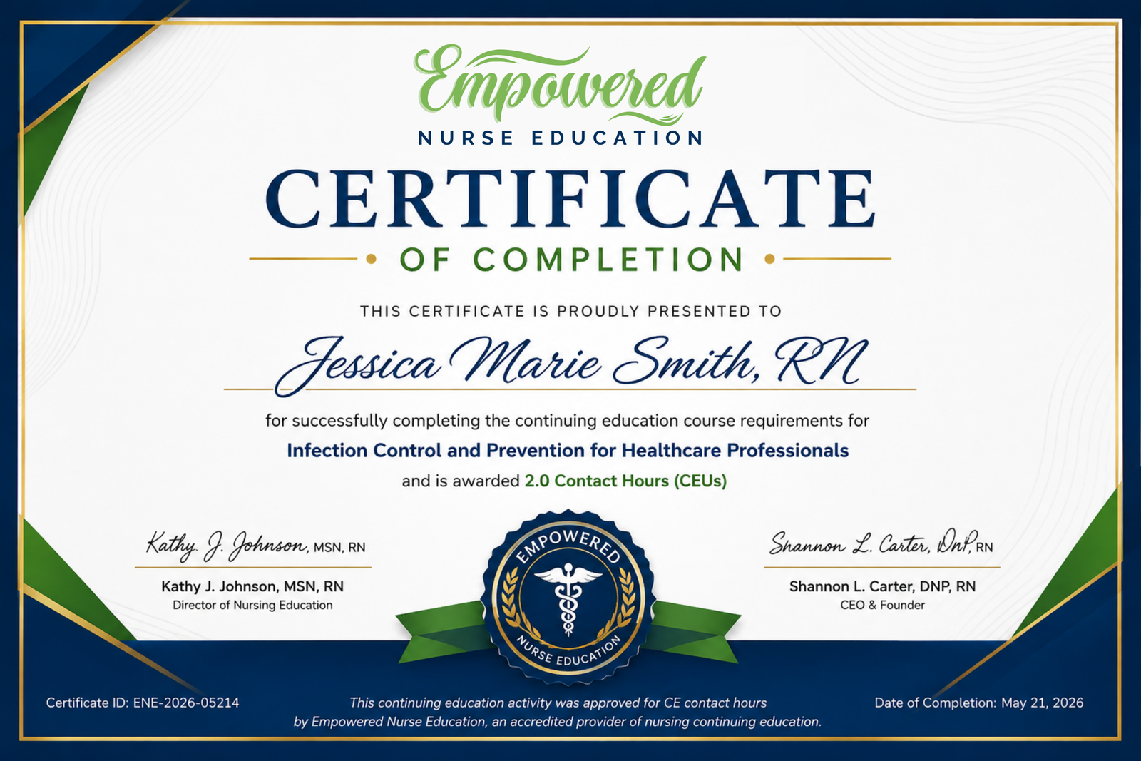 Empowered Nurse Education – Sample Certificate of Completion